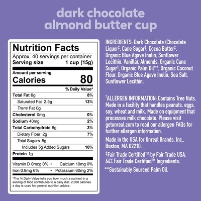 Unreal Dark Chocolate Almond Butter Cups, 0.53 Oz., 40/Pack (220-02089)