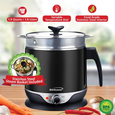 Brentwood 1.9-Qt. 600-Watt Stainless Steel Cordless Electric Hot Pot Cooker and Food Steamer with Swivel Base, Black (HP-3019BK)