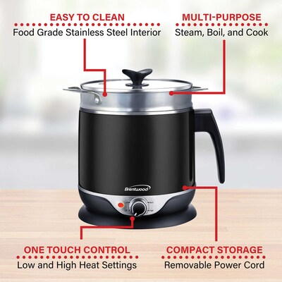 Brentwood 1.9-Qt. 600-Watt Stainless Steel Cordless Electric Hot Pot Cooker and Food Steamer with Swivel Base, Black (HP-3019BK)