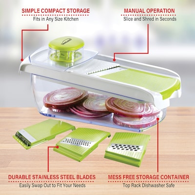 Brentwood Mandolin Slicer with 5-Cup Storage Container and 4 Interchangeable Stainless Steel Blades, (KA-5040G)