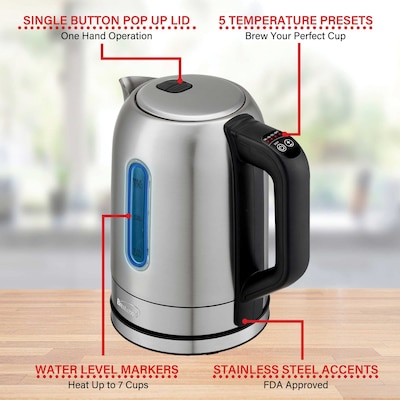 Brentwood Cordless Digital Stainless Steel Kettle with 5 Temperature Presets & Swivel Base, 1.79-Qt., (KT-1796DS)