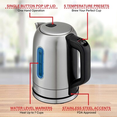 Brentwood Cordless Digital Stainless Steel Kettle with 5 Temperature Presets & Swivel Base, 1.79-Qt., (KT-1796DS)