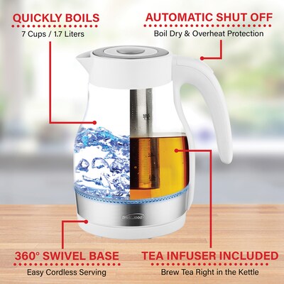 Brentwood Cordless Glass Electric Kettle with Tea Infuser and Swivel Base, 1.79-Qt., White (KT-1962W)