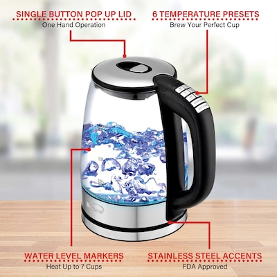 Brentwood Stainless Steel Cordless Glass Electric Kettle, 7-Cups (KT-1982DBK)