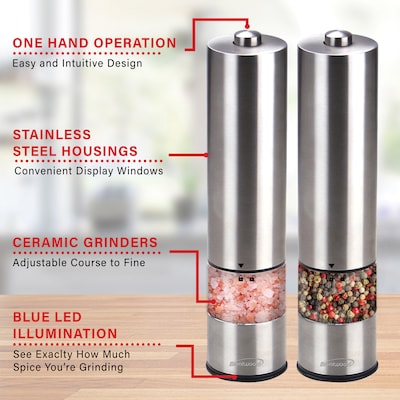 Brentwood Electric Blue LED Stainless Steel Salt and Pepper Adjustable Ceramic Grinders, (SG-2321S)