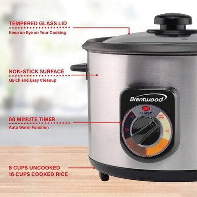 Brentwood Stainless Steel Crunchy Persian Rice Cooker (16 Cups Cooked, 500 Watts), Black (TS-1216S)