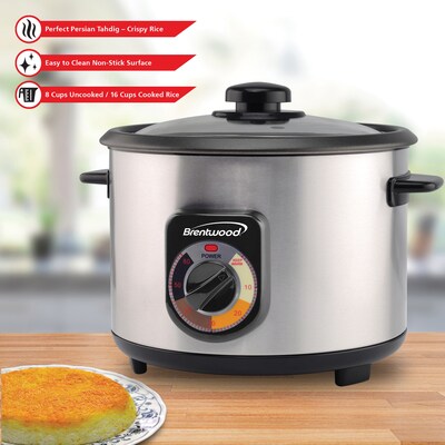 Brentwood Stainless Steel Crunchy Persian Rice Cooker (16 Cups Cooked, 500 Watts), Black (TS-1216S)