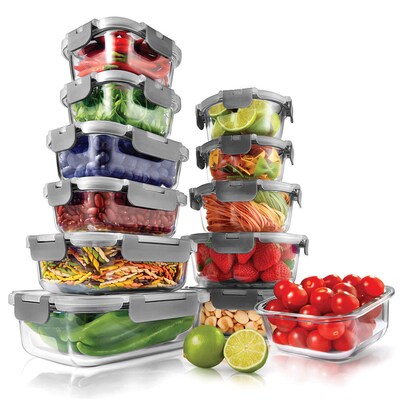 NutriChef Stackable Borosilicate Glass Food Storage Containers Set, 24-Piece (NCGLGY)