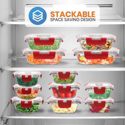 NutriChef Stackable Borosilicate Glass Food Storage Containers Set, 24-Piece (NCGLRED)