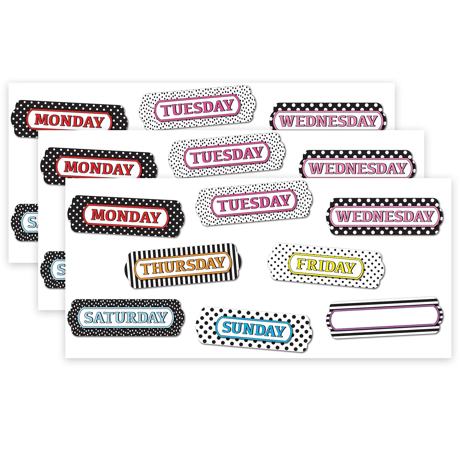 Ashley Productions Magnetic Die-Cut Timesavers & Labels, Days of the Week, Assorted Patterns, 8 Per Pack, 3 Packs