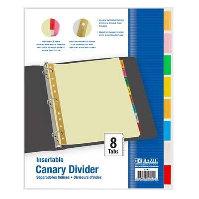 BAZIC Canary Paper Dividers with 8 Insertable Tabs, 11" x 9", Assorted Tab Colors, 8 Per Pack, 12 Packs (BAZ2151-12)