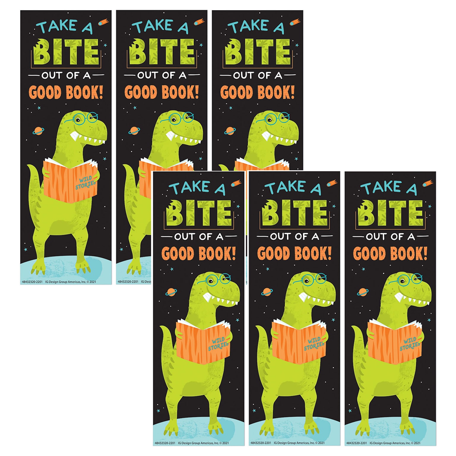Eureka Dinosaur Take A Bite Out Of A Good Book Bookmarks, Multicolor, 36/Pack, 6 Packs/Bundle (EU-843232-6)
