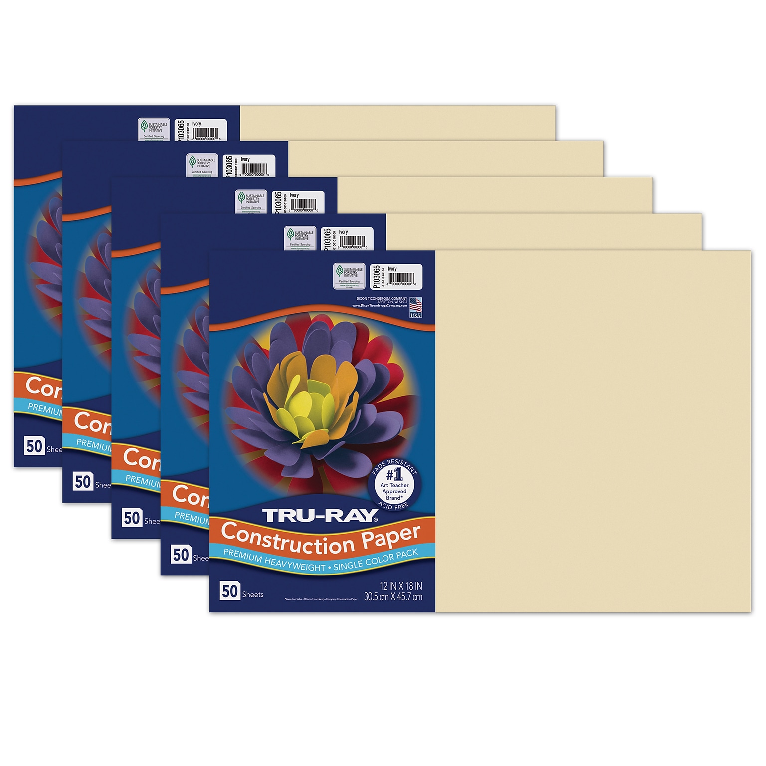 Tru-Ray Fade-Resistant, 12 x 18 Construction Paper, Ivory, 50 Sheets Per Pack, 5 Packs (PAC103065-5)