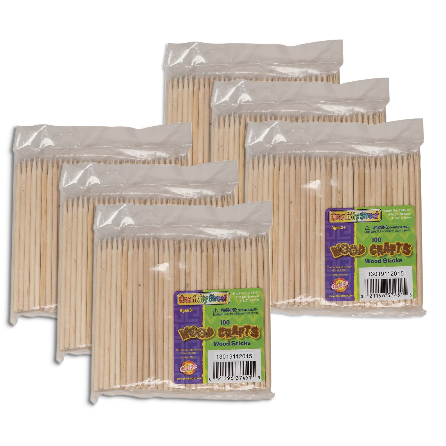 Creativity Street® Wood Sticks ,4.5, Natural, 100 Sticks Per Pack, 6 Packs (PACAC374501-6)