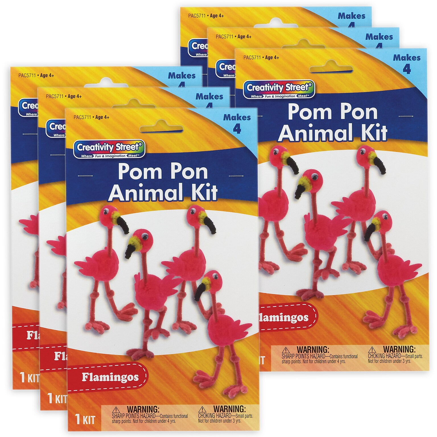 Creativity Street® Pom Pon Animal Kit, Flamingos, 2 x 2.75 x 5.25, 4 Flamingos Per Kit, 6 Kits (PACAC5711-6)