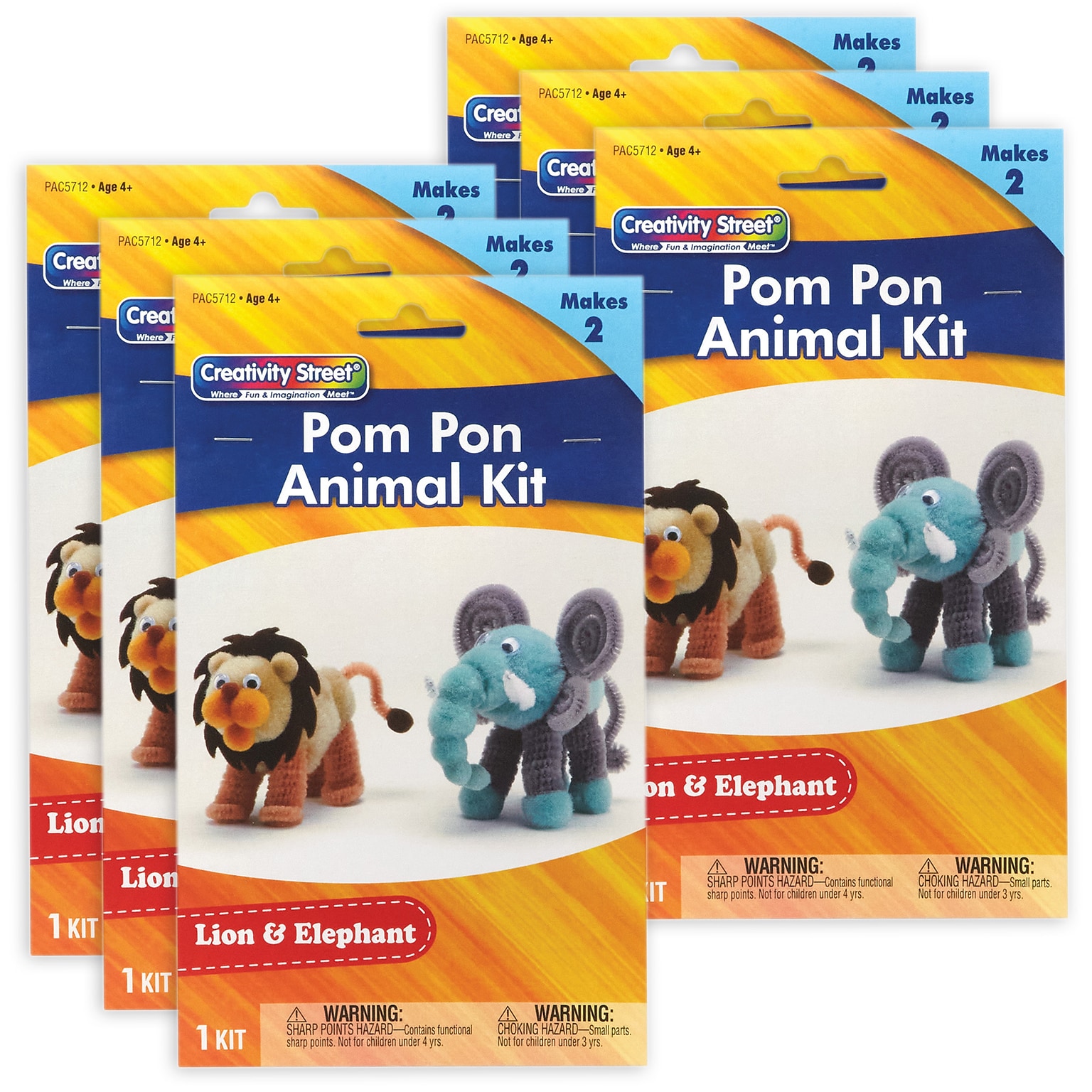 Creativity Street® Pom Pon Animal Kit, Lion & Elephant, Assorted Sizes, 2 Animals Per Kit, 6 Kits (PACAC5712-6)