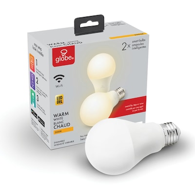 Globe Electric A19-Shape E26-Base Wi-Fi Dimmable 60-Watt-Equivalent Frosted Smart LED Light Bulbs, Soft White, 2/Pack (34209)