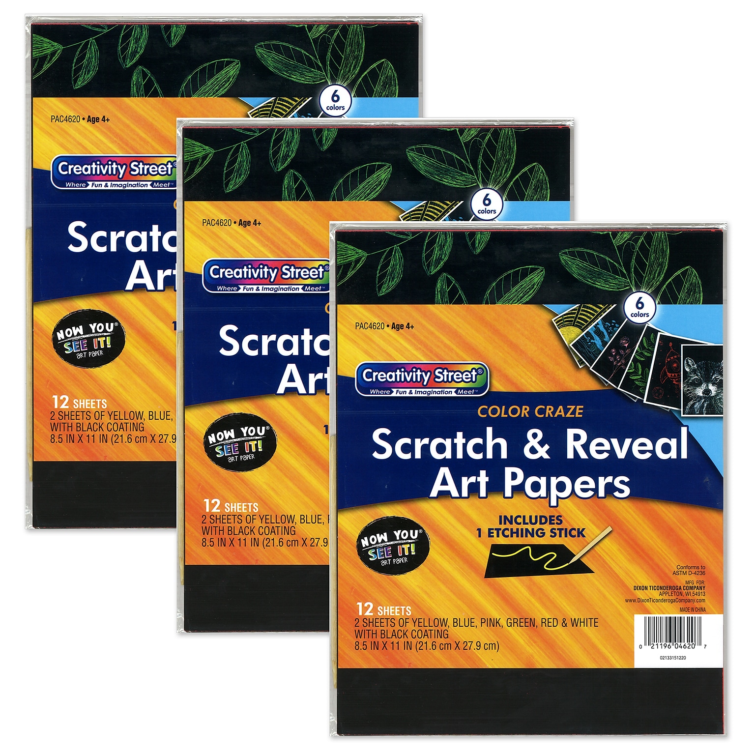Now You See It!® Color Craze Scratch & Reveal Art Paper, 8.5 x 11, Assorted Colors, 12 Sheets Per Pack, 3 Packs (PACAC4620-3)