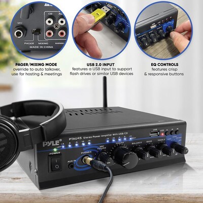 Pyle PTAU45 120-Watt x 2 Stereo Power Amp with USB Reader, Black