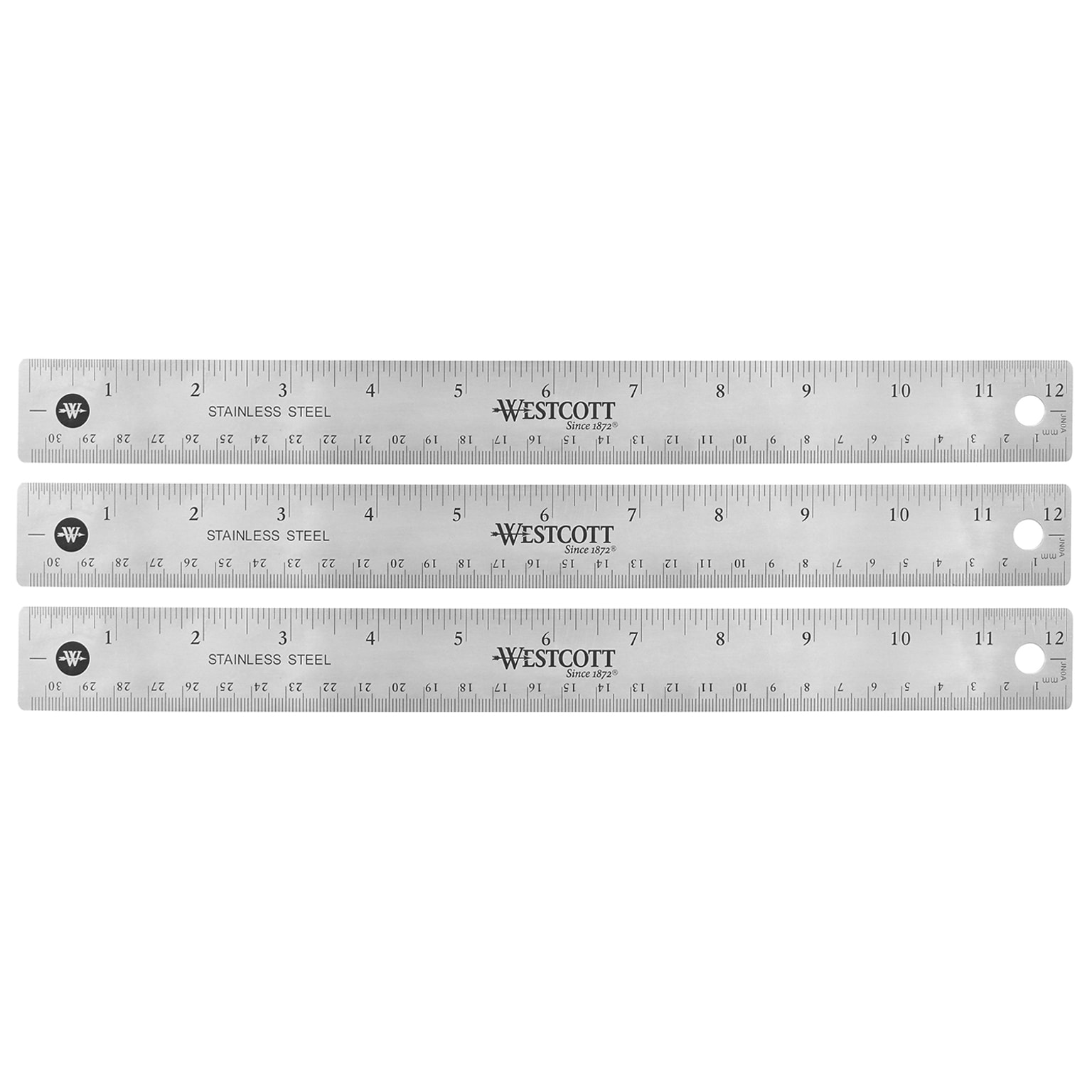 Westcott 12 Stainless Steel Office Ruler With Non Slip Cork Base, Pack of 3 (ACM10415-3)
