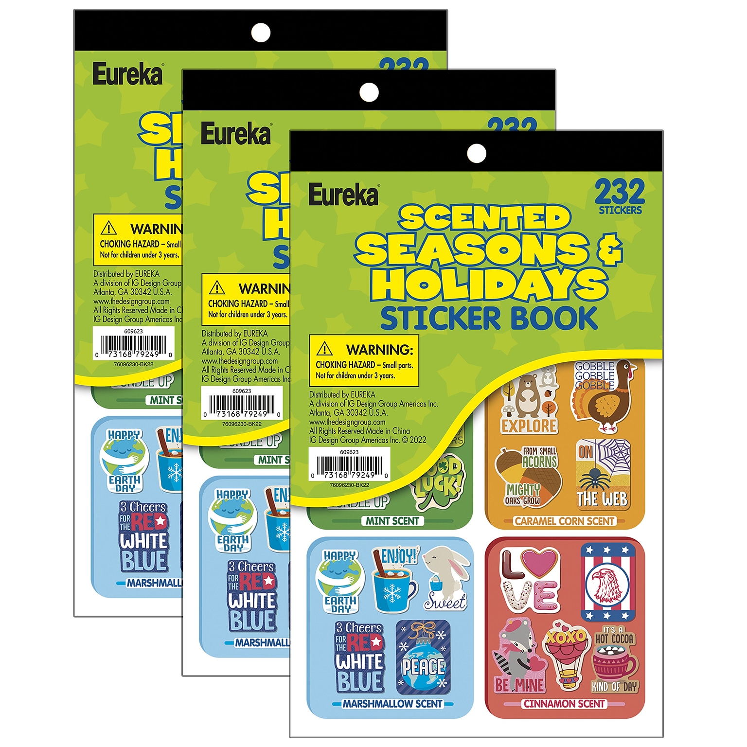 Eureka Seasons & Holidays Scented Sticker Book, Multicolored, 232 Stickers Per Book, Pack of 3 (EU-609623-3)