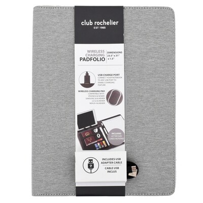 Club Rochelier Techo Collection Polyester Wireless Charging Padfolio, Grey (CR3651CH)