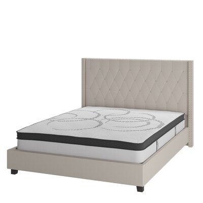 Flash Furniture Riverdale Tufted Platform Bed in Beige Fabric with 10 Pocket Spring Mattress, Full (HGBM1034)