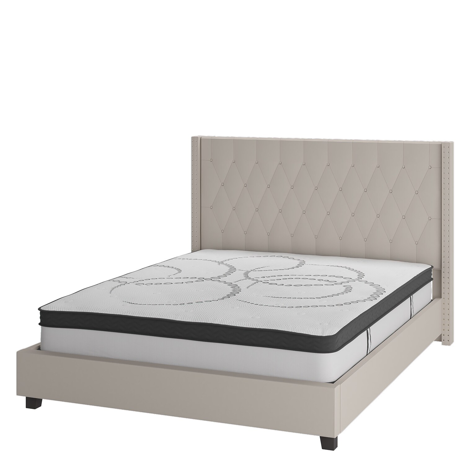 Flash Furniture Riverdale Tufted Platform Bed in Beige Fabric with 10 Pocket Spring Mattress, Full (HGBM1034)
