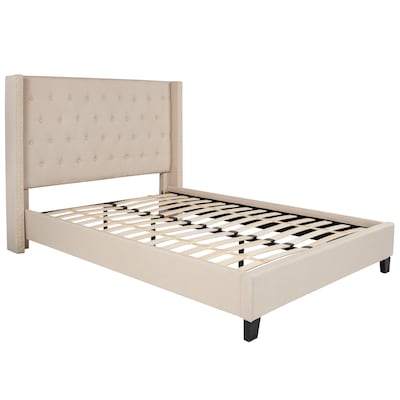 Flash Furniture Riverdale Tufted Platform Bed in Beige Fabric with 10" Pocket Spring Mattress, Full (HGBM1034)