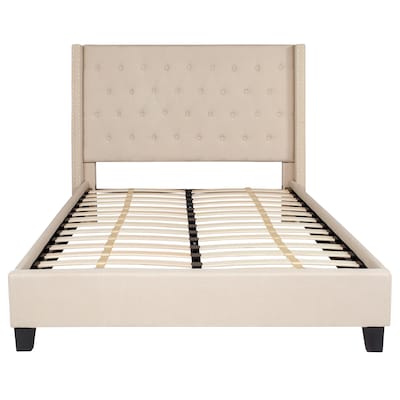 Flash Furniture Riverdale Tufted Platform Bed in Beige Fabric with 10" Pocket Spring Mattress, Full (HGBM1034)