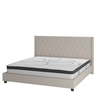 Flash Furniture Riverdale Tufted Platform Bed in Beige Fabric with 10 Pocket Spring Mattress, King (HGBM1036)