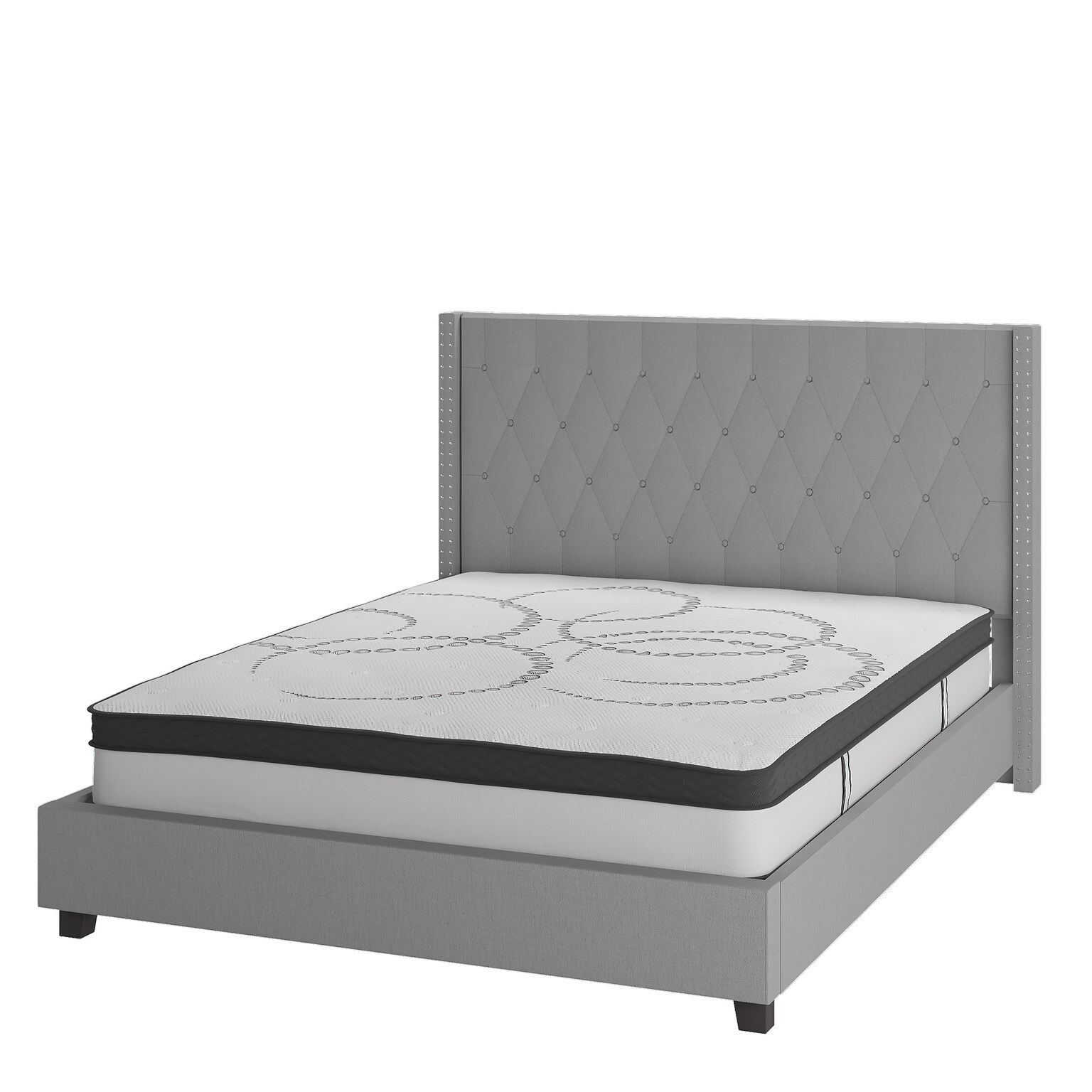 Flash Furniture Riverdale Tufted Platform Bed in Light Gray Fabric with 10 Pocket Spring Mattress, King (HGBM1044)