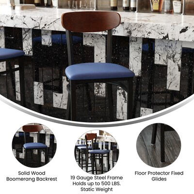 Flash Furniture Wright Transitional Steel Boomerang Back Barstool, Black/Walnut/Blue (XUDG6V6BLVWAL)