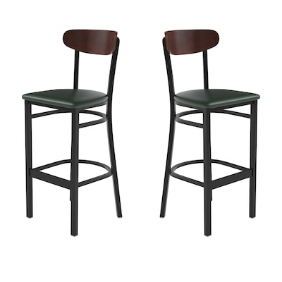 Flash Furniture Wright Transitional Metal Boomerang Back Barstools, Black/Walnut/Green, 2-Pieces/Pac