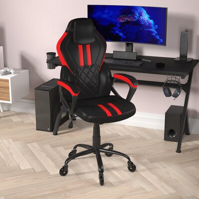 Flash Furniture Stone Ergonomic LeatherSoft Swivel Office Gaming Chair with Transparent Roller Wheels, Black/Red (ULA072BKRLB)