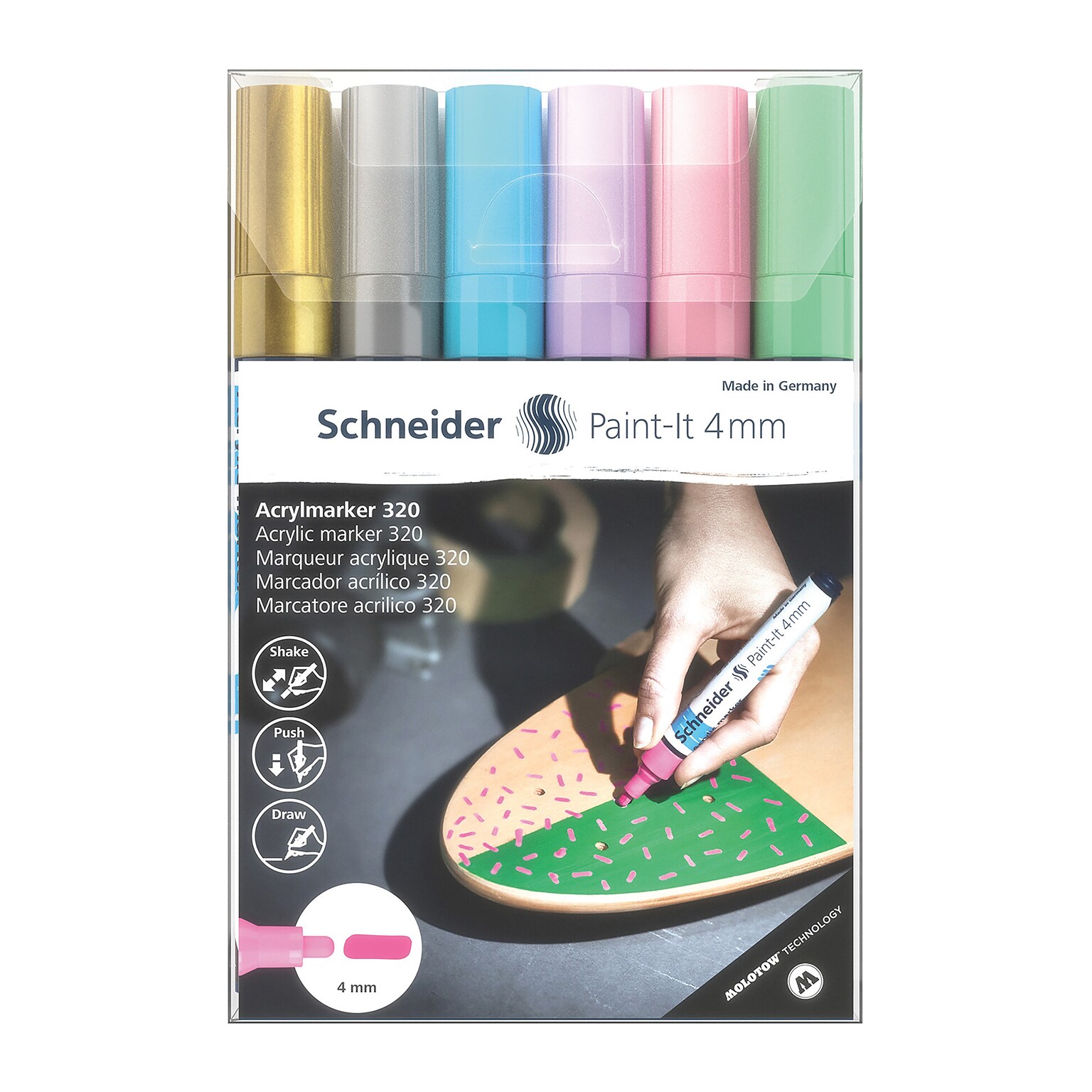 Schneider Paint-It 320 Acrylic Markers, 4 mm Bullet Tip, Assorted Colors, 6/Pack (PSY120296)