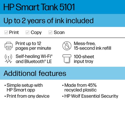 HP Smart Tank 5101 Wireless All-In-One Color Refillable Supertank Printer,  Scanner, Copier (1F3Y0A)