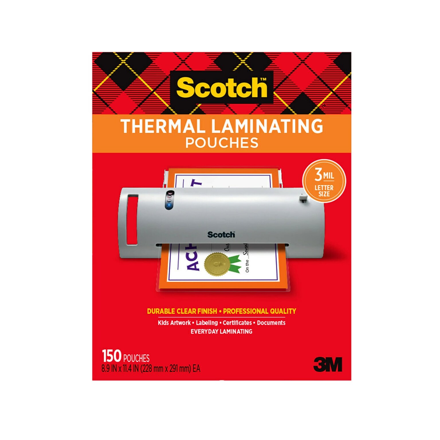 Scotch® Thermal Laminating Pouches, Letter Size, 3 Mil, 150/Pack (TP3854-150)