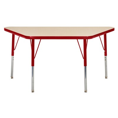 ECR4Kids Thermo-Fused Adjustable Swivel 48 x 24 Trapezoid Laminate Activity Table Maple/Red (ELR-14226-MPRDRDSS)