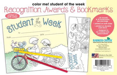 Barker Creek Color Me! Student of the Week Awards & Bookmarks Set, 30/Pack (BC430)