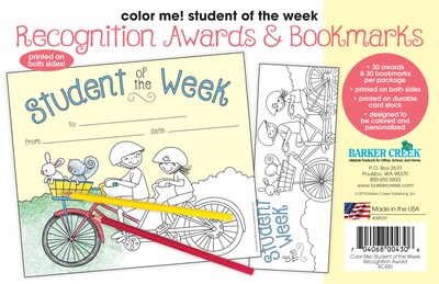 Barker Creek Color Me! Student of the Week Awards & Bookmarks Set, 8.5 x 5.5”, Multicolored, 30/Pac