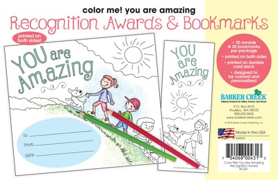 Barker Creek Color Me! You Are Amazing Awards & Bookmarks Set, 8.5 x 5.5”, Multicolored, 30/Pack (B