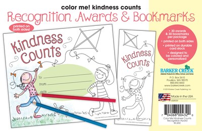 Barker Creek Color Me! Kindness Counts Awards & Bookmarks Set, 8.5 x 5.5”, Multicolored, 30/Pack (B