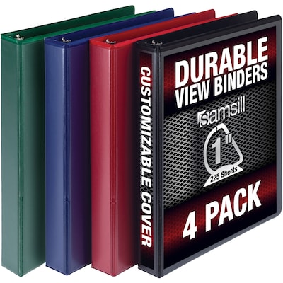 Samsill Durable View Binders 3 D-Ring, Black, Blue, Red, Green, 4 Pack (MP46409)