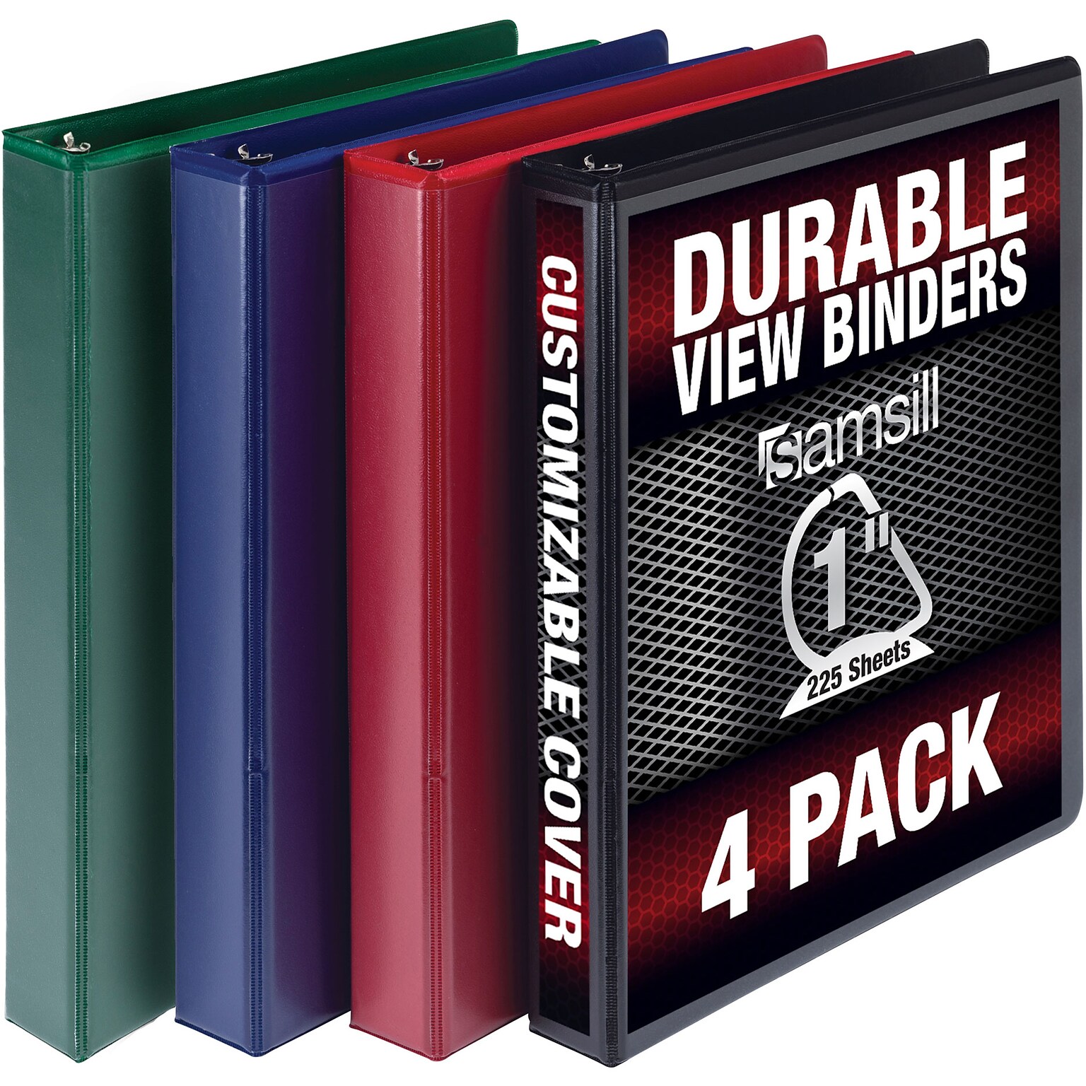 Samsill Durable View Binders 3 D-Ring, Black, Blue, Red, Green, 4 Pack (MP46409)