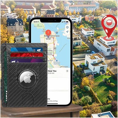 SaharaCase Slim Leather Wallet Case for Apple AirTag, Black/Carbon (AT00036)