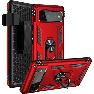SaharaCase Kickstand with Belt Clip Case for Google Pixel 6, Red (CP00183)