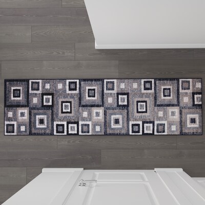 Flash Furniture Gideon Collection Olefin and Cotton 84" x 24" Runner Machine Made Rug, Blue/Gray/White (OKH7146ATUR27BL)