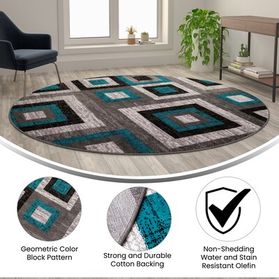 Flash Furniture Gideon Collection Olefin and Cotton 96" Round Machine Made Area Rug, Turquoise/Gray/White (OKH7146AT8RT)