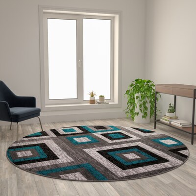Flash Furniture Gideon Collection Olefin and Cotton 96" Round Machine Made Area Rug, Turquoise/Gray/White (OKH7146AT8RT)
